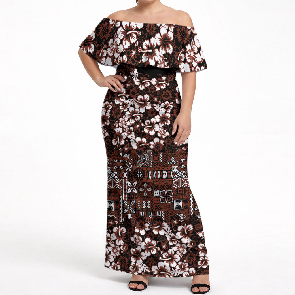 Burgundy Hawaiian Tapa Tribal Hibiscus Off Shoulder Maxi Dress