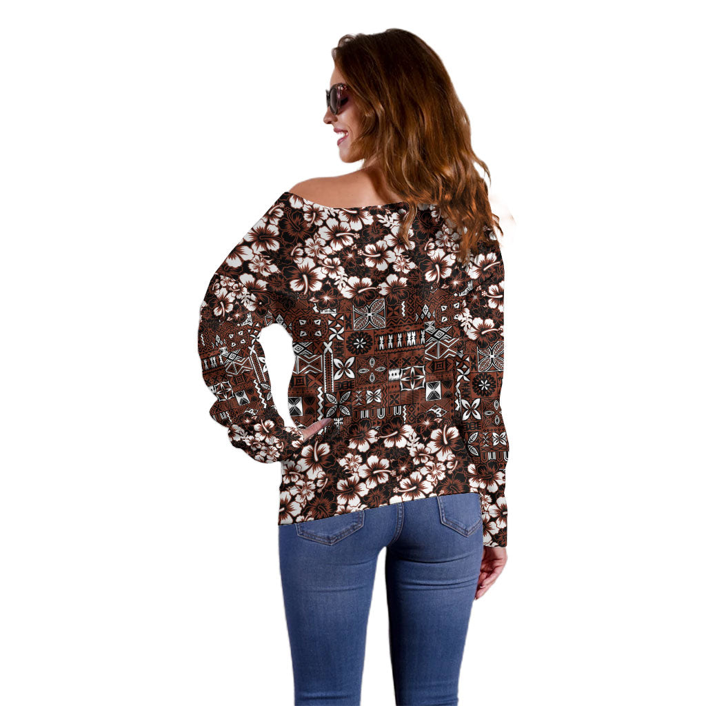Burgundy Hawaiian Tapa Tribal Hibiscus Off Shoulder Sweater