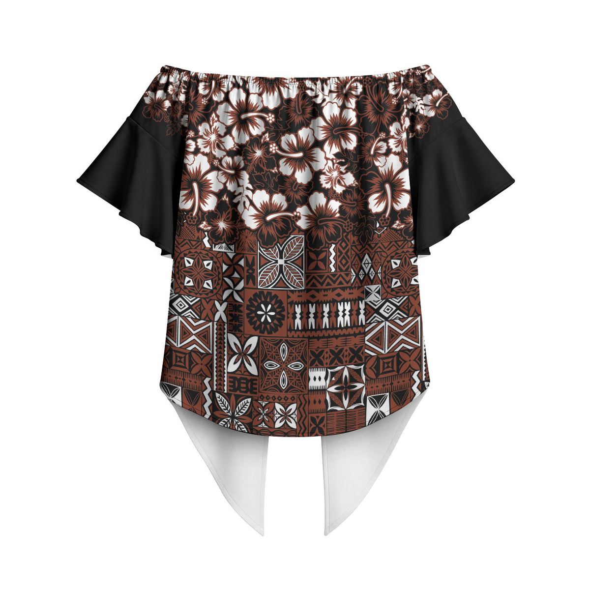 Burgundy Hawaiian Tapa Tribal Hibiscus Off Shoulder Wrap Waist Top LT9 - Polynesian Pride