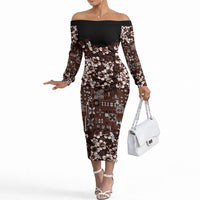 Burgundy Hawaiian Tapa Tribal Hibiscus Off The Shoulder Long Sleeve Dress