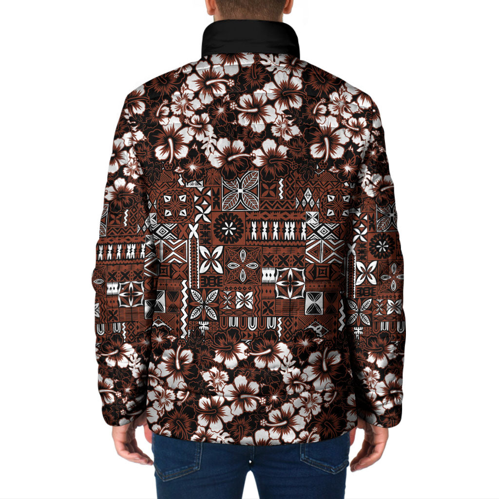 Burgundy Hawaiian Tapa Tribal Hibiscus Padded Jacket