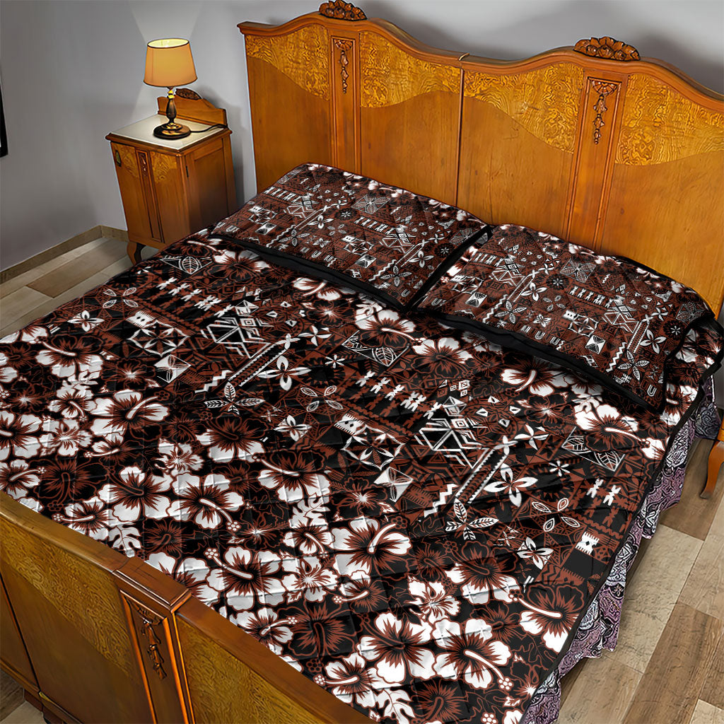 Burgundy Hawaiian Tapa Tribal Hibiscus Quilt Bed Set