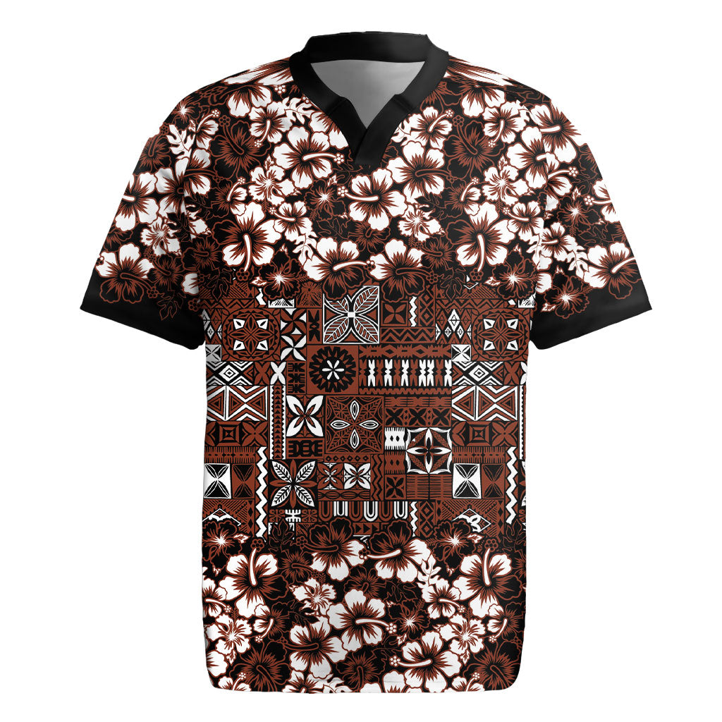Burgundy Hawaiian Tapa Tribal Hibiscus Rugby Jersey