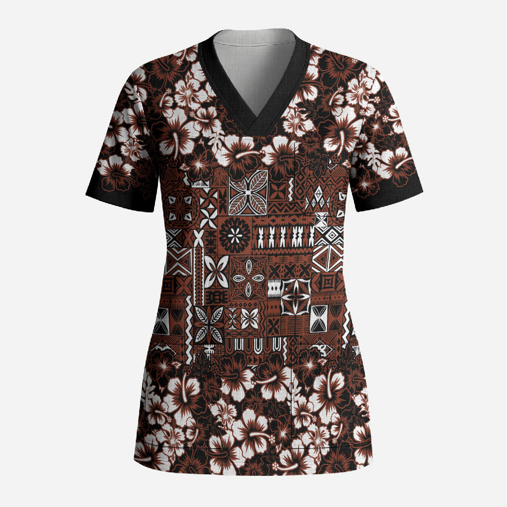Burgundy Hawaiian Tapa Tribal Hibiscus Scrub Top