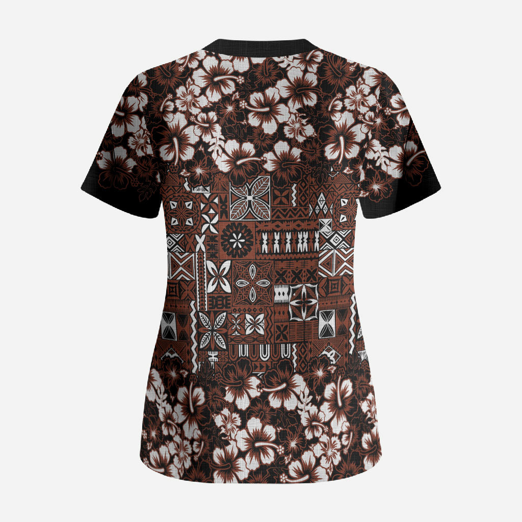Burgundy Hawaiian Tapa Tribal Hibiscus Scrub Top