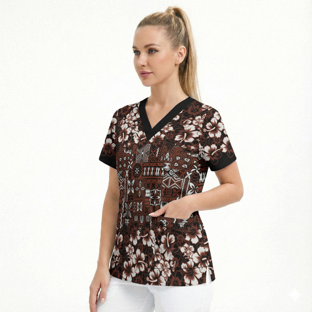 Burgundy Hawaiian Tapa Tribal Hibiscus Scrub Top