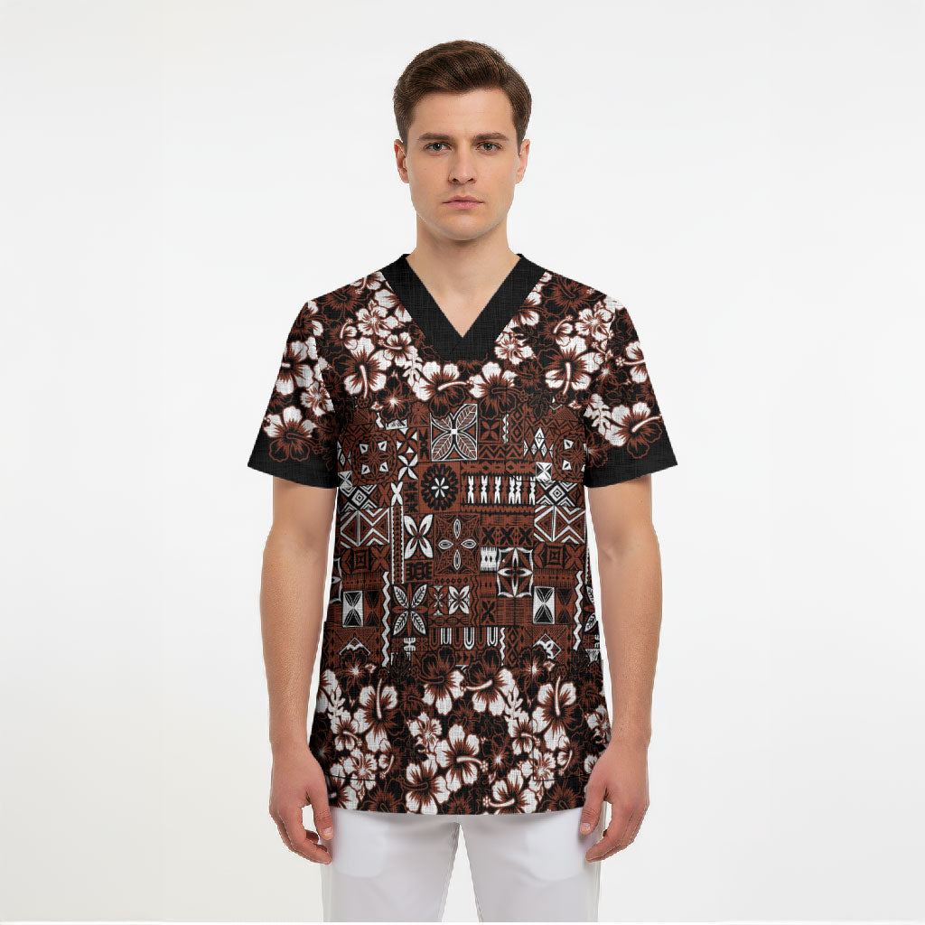 Burgundy Hawaiian Tapa Tribal Hibiscus Scrub Top
