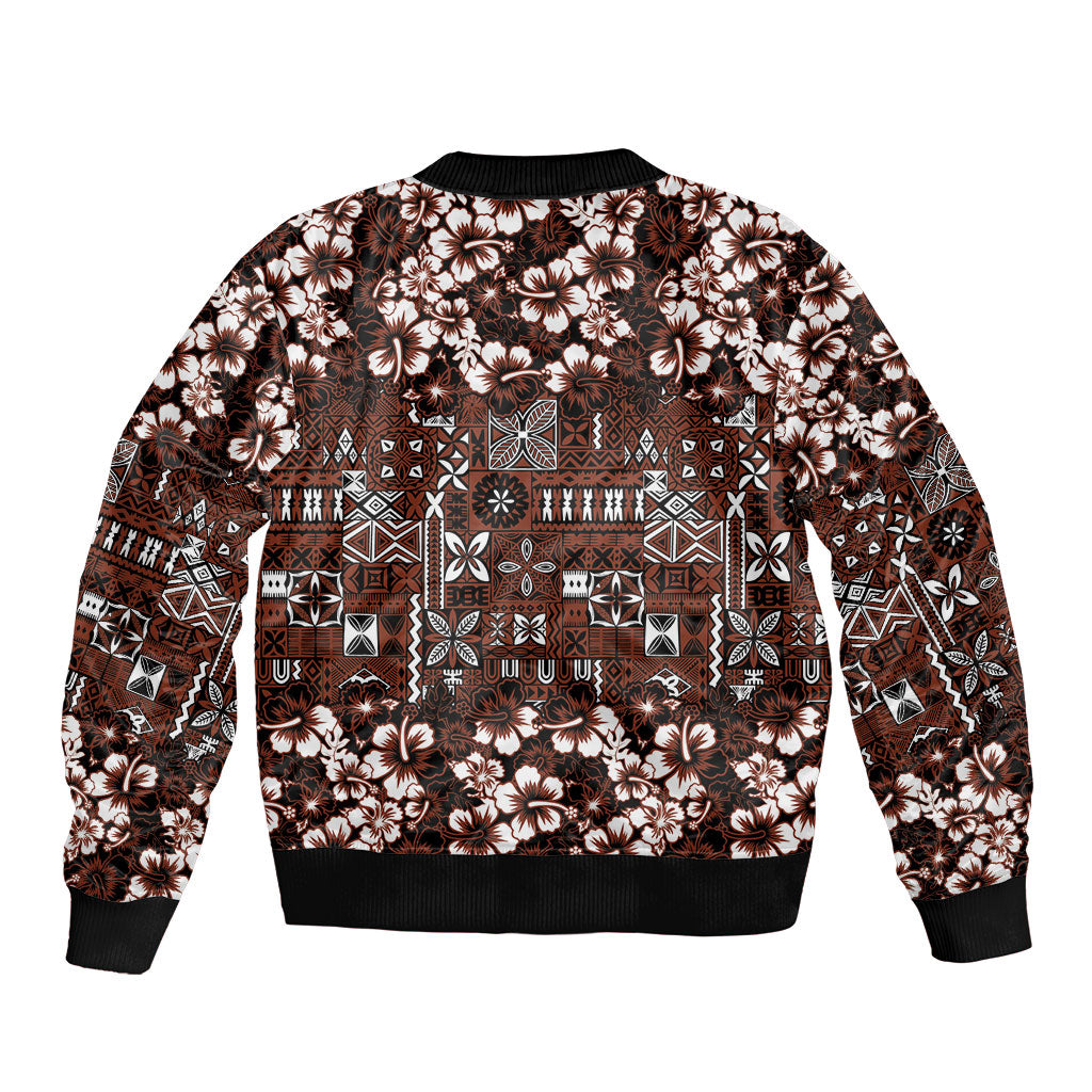 Burgundy Hawaiian Tapa Tribal Hibiscus Sleeve Zip Bomber Jacket