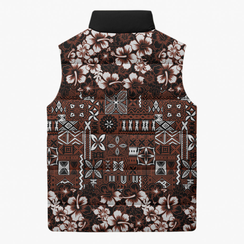Burgundy Hawaiian Tapa Tribal Hibiscus Sleeveless Puffer Jacket