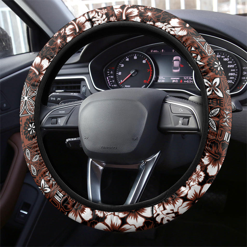 Burgundy Hawaiian Tapa Tribal Hibiscus Steering Wheel Cover
