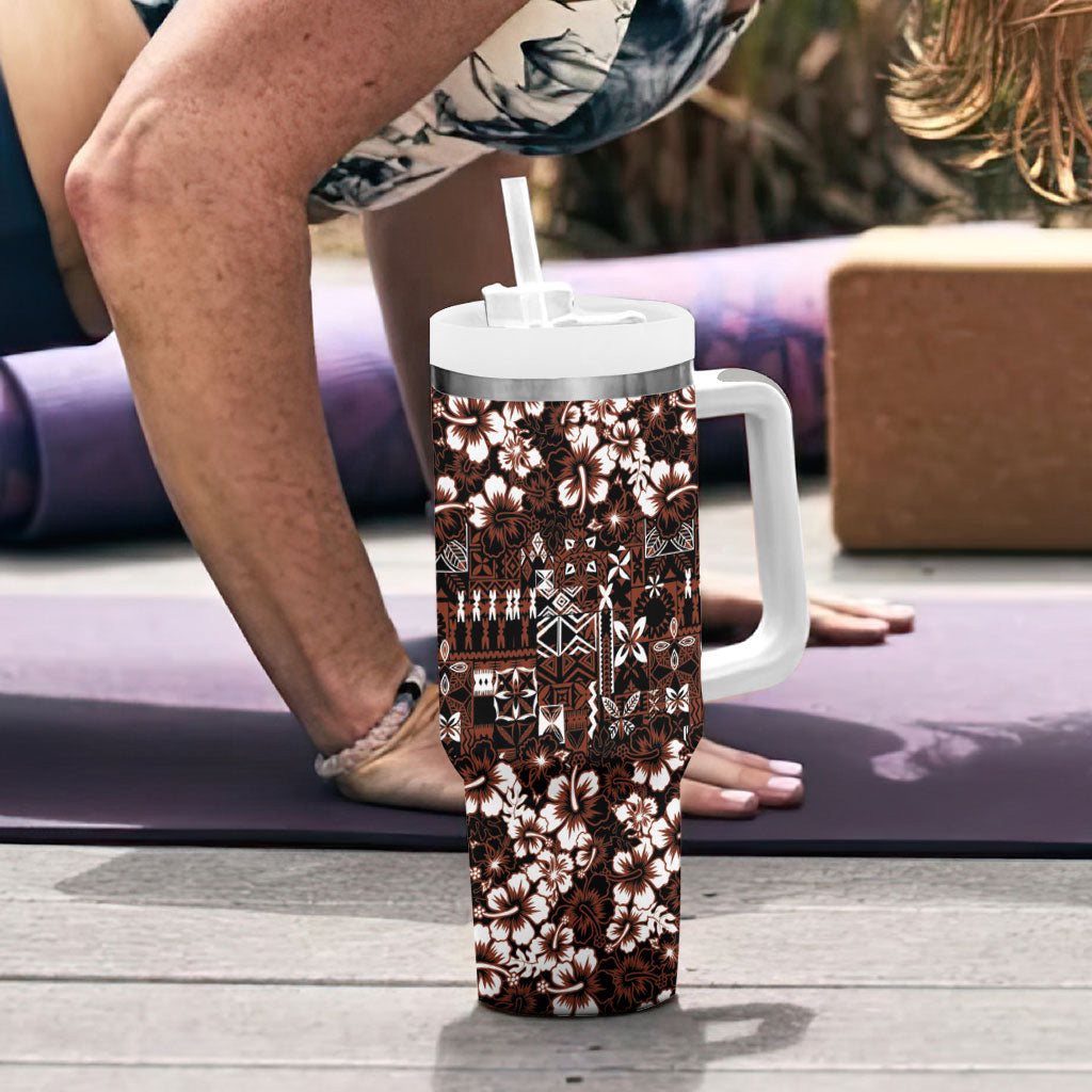 Burgundy Hawaiian Tapa Tribal Hibiscus Tumbler With Handle