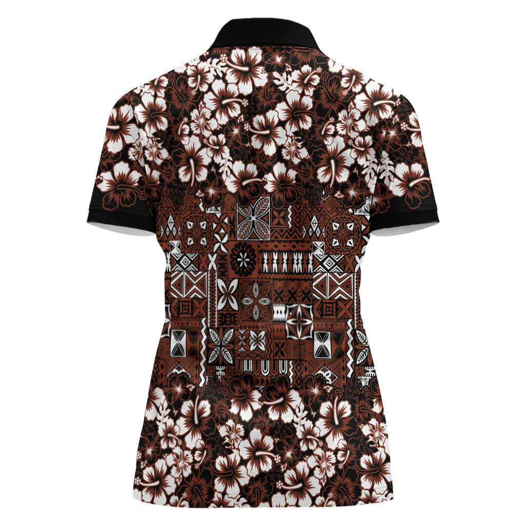 Burgundy Hawaiian Tapa Tribal Hibiscus Women Polo Shirt