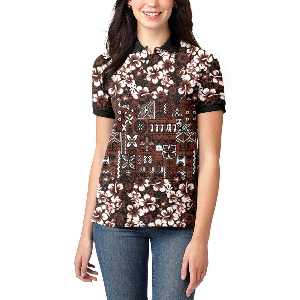 Burgundy Hawaiian Tapa Tribal Hibiscus Women Polo Shirt
