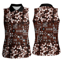 Burgundy Hawaiian Tapa Tribal Hibiscus Women Sleeveless Polo Shirt