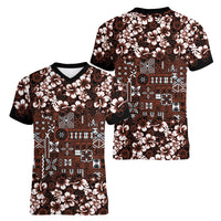Burgundy Hawaiian Tapa Tribal Hibiscus Women V-Neck T-Shirt