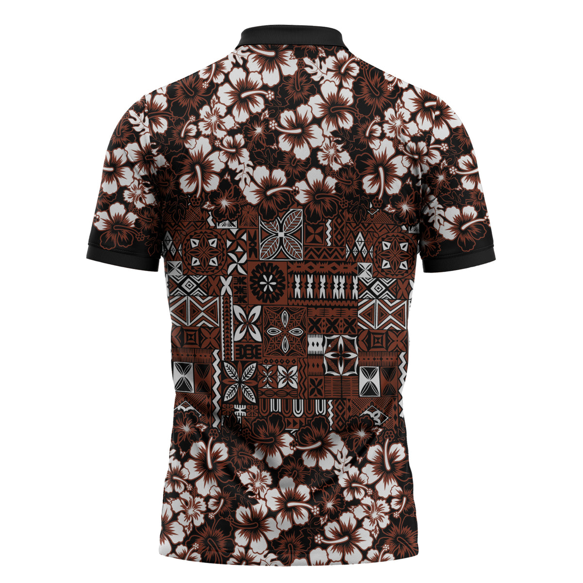 Burgundy Hawaiian Tapa Tribal Hibiscus Zipper Polo Shirt