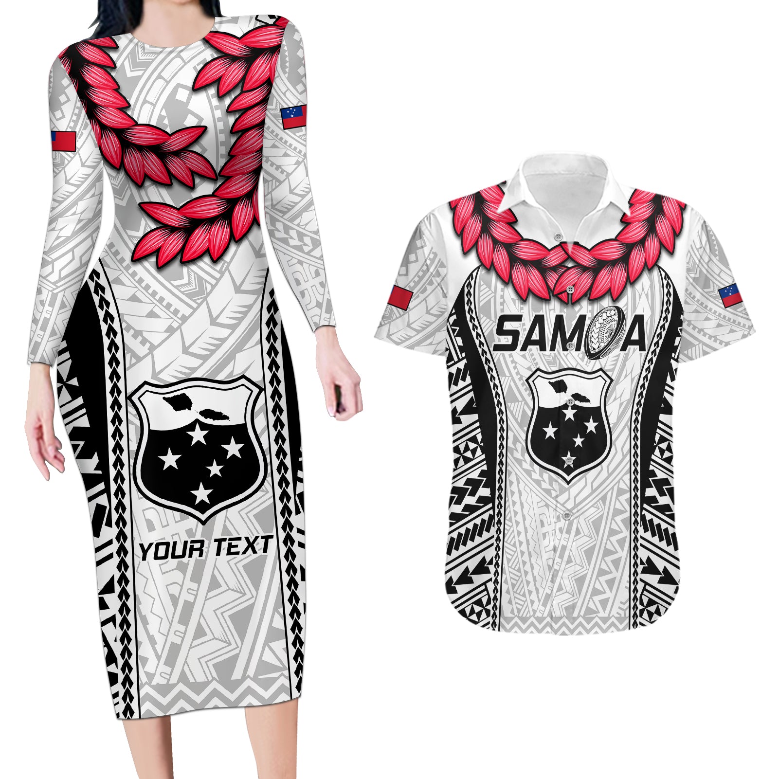 Custom Samoa Rugby Couples Matching Long Sleeve Bodycon Dress and Hawaiian Shirt Go Champions World Cup 2023 Polynesian Unique LT9 White - Polynesian Pride