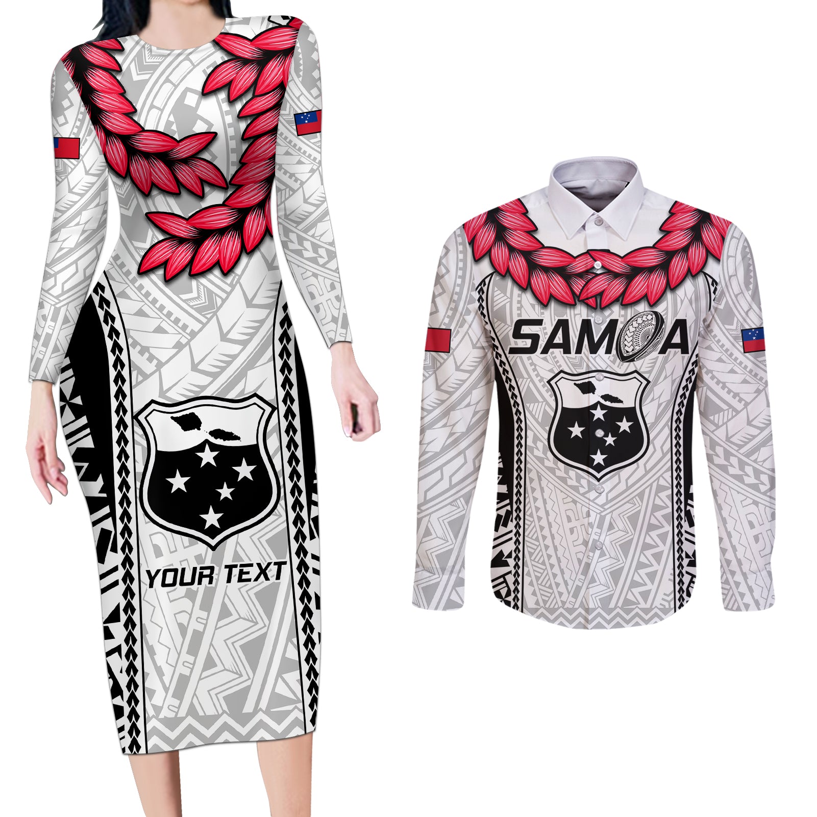 Custom Samoa Rugby Couples Matching Long Sleeve Bodycon Dress and Long Sleeve Button Shirts Go Champions World Cup 2023 Polynesian Unique LT9 White - Polynesian Pride