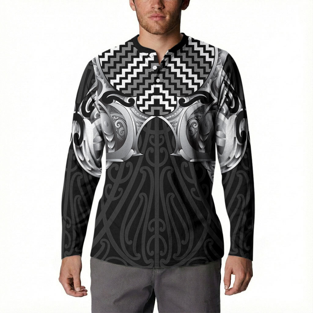Aotearoa Kowhaiwhai Poutama Black Motif Button Sweatshirt