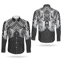 Aotearoa Kowhaiwhai Poutama Black Motif Couples Matching Off Shoulder Maxi Dress and Long Sleeve Button Shirt LT9 - Polynesian Pride