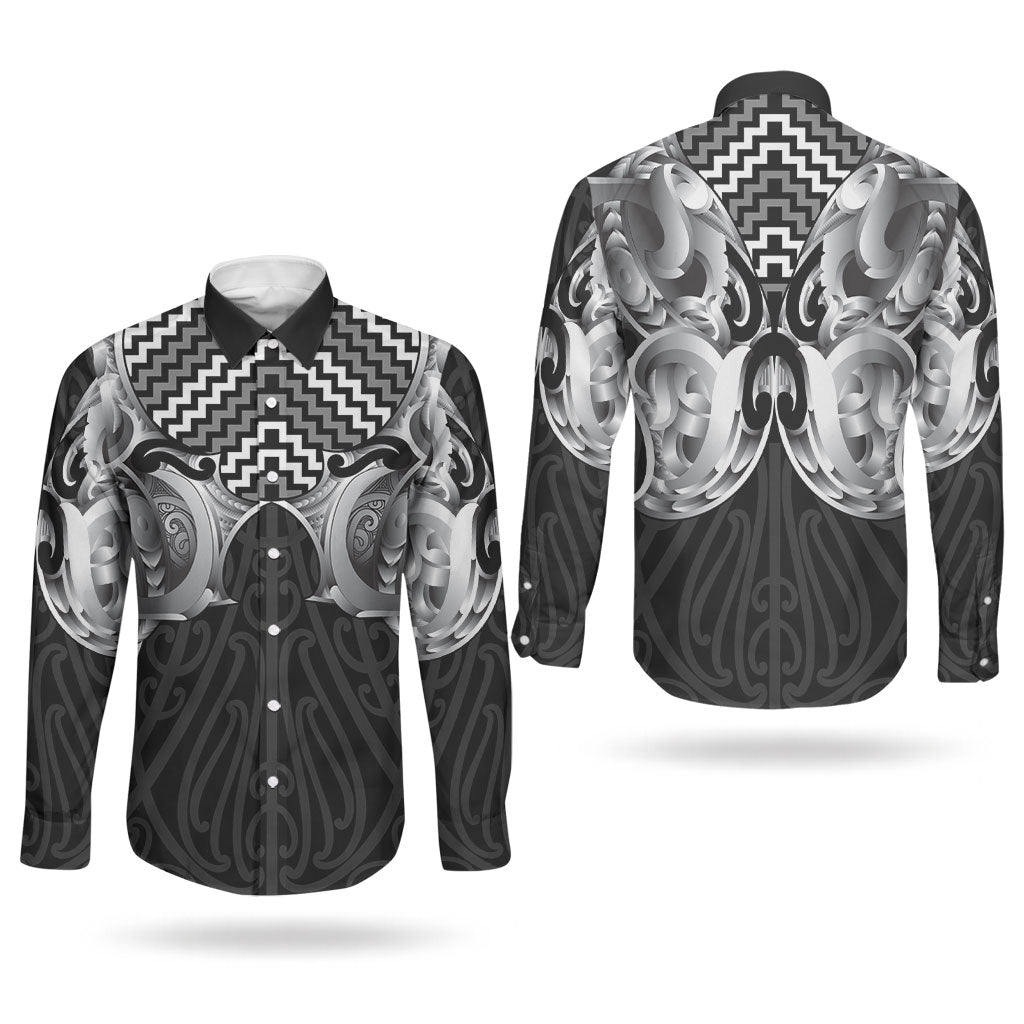 Aotearoa Kowhaiwhai Poutama Black Motif Couples Matching Puletasi and Long Sleeve Button Shirt LT9 - Polynesian Pride