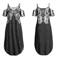 Aotearoa Kowhaiwhai Poutama Black Motif Couples Matching Summer Maxi Dress and Long Sleeve Button Shirt LT9 - Polynesian Pride