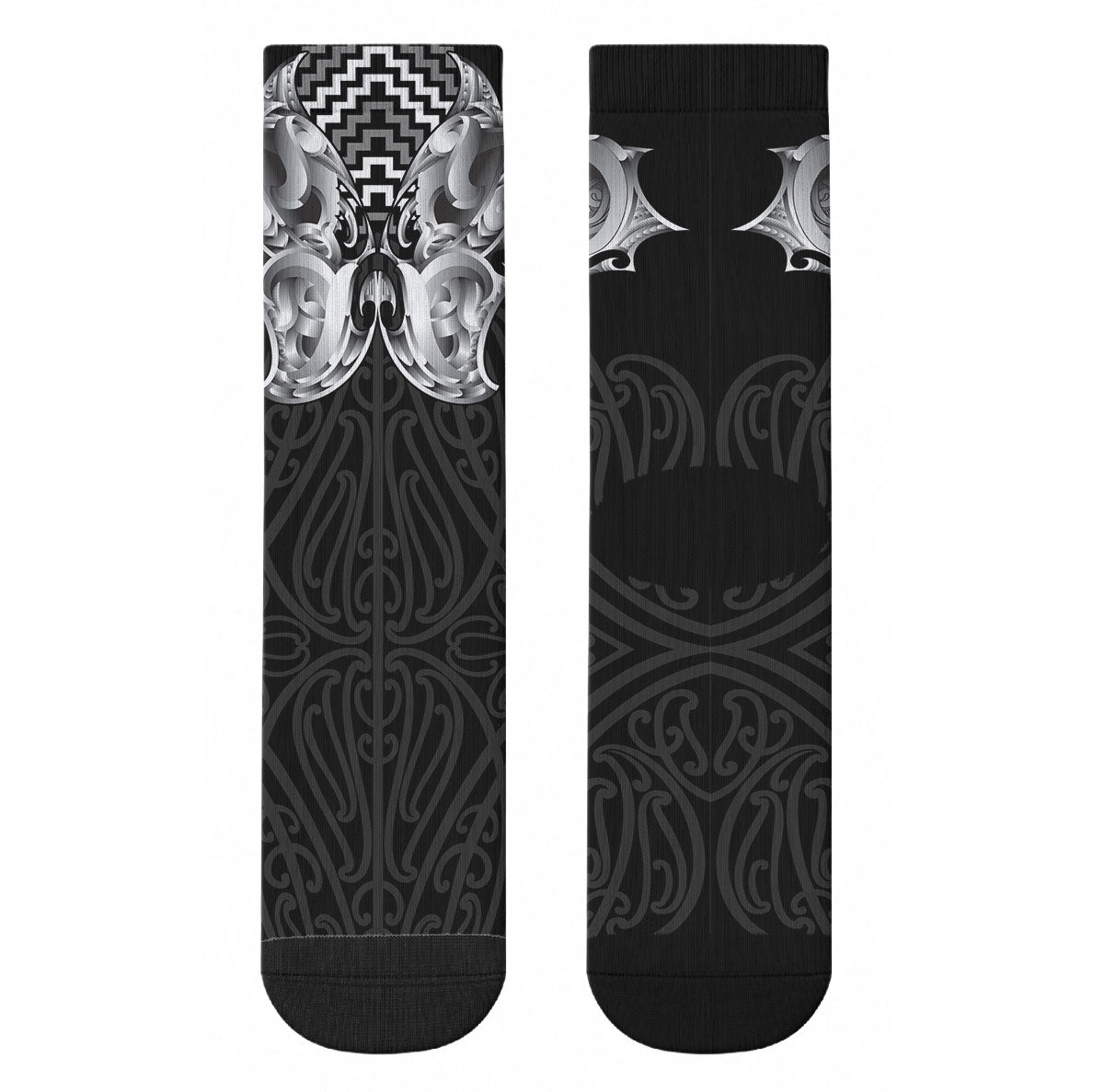 Aotearoa Kowhaiwhai Poutama Black Motif Crew Socks LT9 - Polynesian Pride