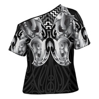 Aotearoa Kowhaiwhai Poutama Black Motif Cross Shoulder Shirt LT9 - Polynesian Pride
