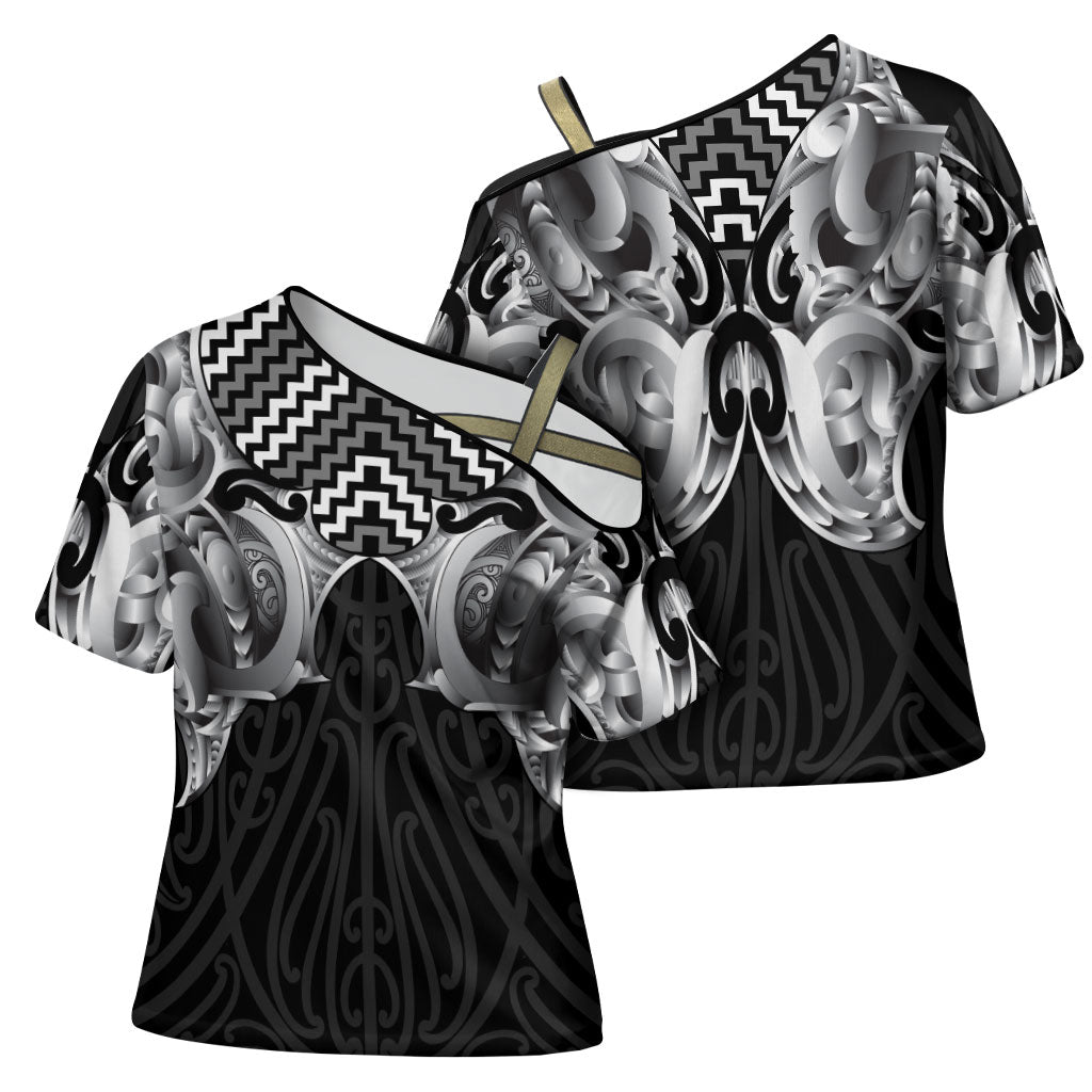 Aotearoa Kowhaiwhai Poutama Black Motif Cross Shoulder Shirt LT9 - Polynesian Pride