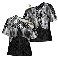 Aotearoa Kowhaiwhai Poutama Black Motif Cross Shoulder Shirt LT9 - Polynesian Pride