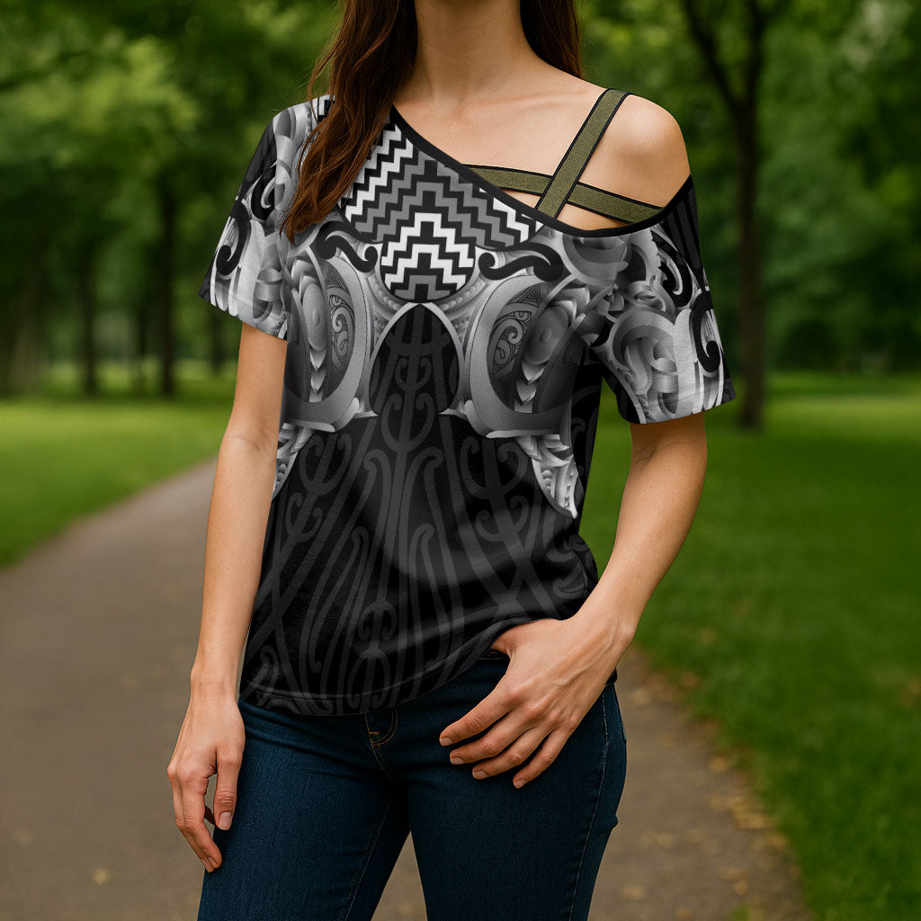 Aotearoa Kowhaiwhai Poutama Black Motif Cross Shoulder Shirt LT9 - Polynesian Pride