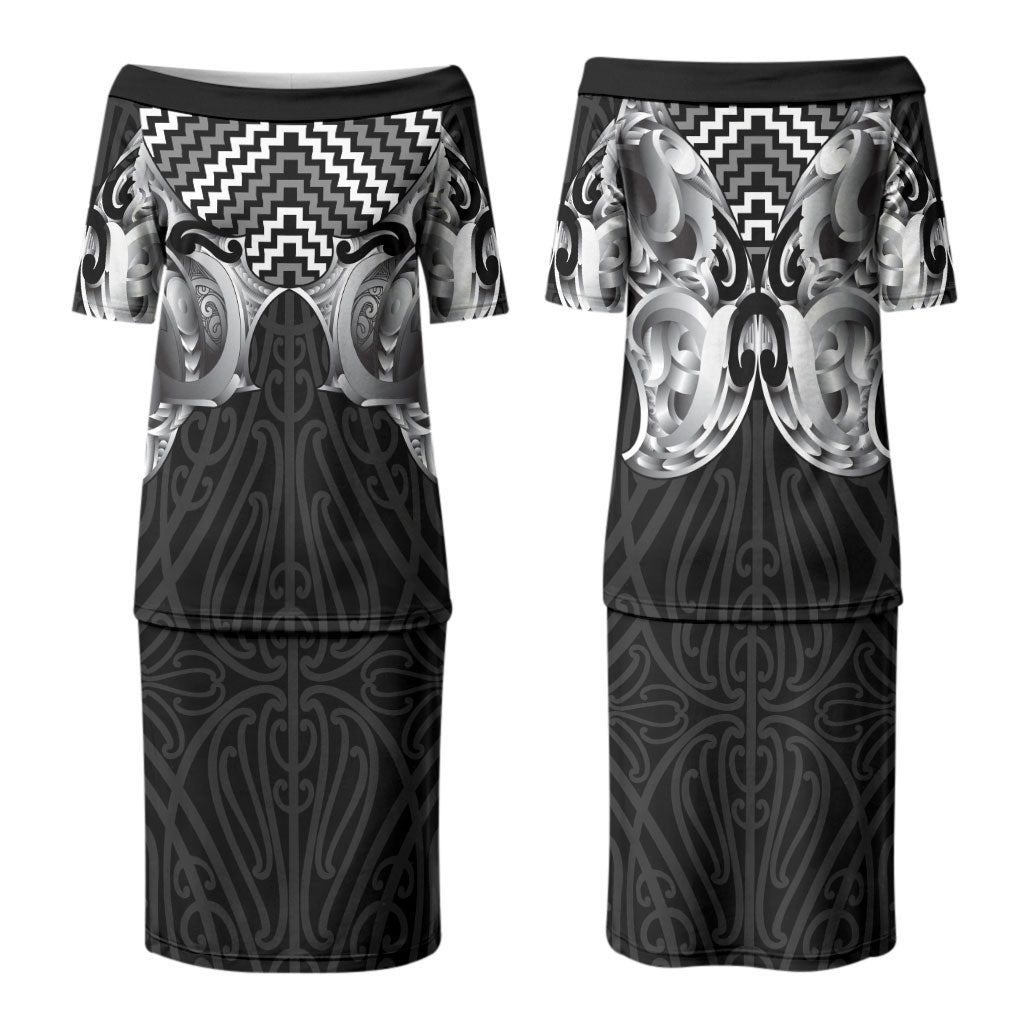 Aotearoa Kowhaiwhai Poutama Black Motif Family Matching Puletasi and Hawaiian Shirt LT9 Mom's Dress Black - Polynesian Pride