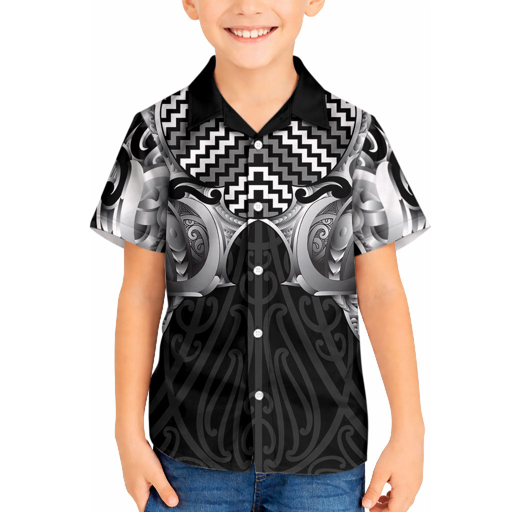 Aotearoa Kowhaiwhai Poutama Black Motif Kid Hawaiian Shirt LT9 Kid Black - Polynesian Pride