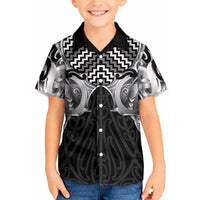 Aotearoa Kowhaiwhai Poutama Black Motif Kid Hawaiian Shirt LT9 Kid Black - Polynesian Pride