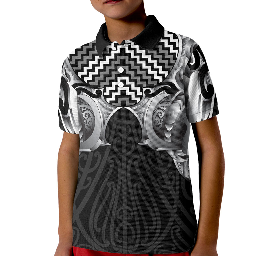 Aotearoa Kowhaiwhai Poutama Black Motif Kid Polo Shirt LT9 Kid Black - Polynesian Pride
