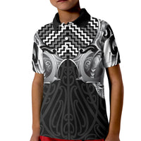 Aotearoa Kowhaiwhai Poutama Black Motif Kid Polo Shirt LT9 Kid Black - Polynesian Pride