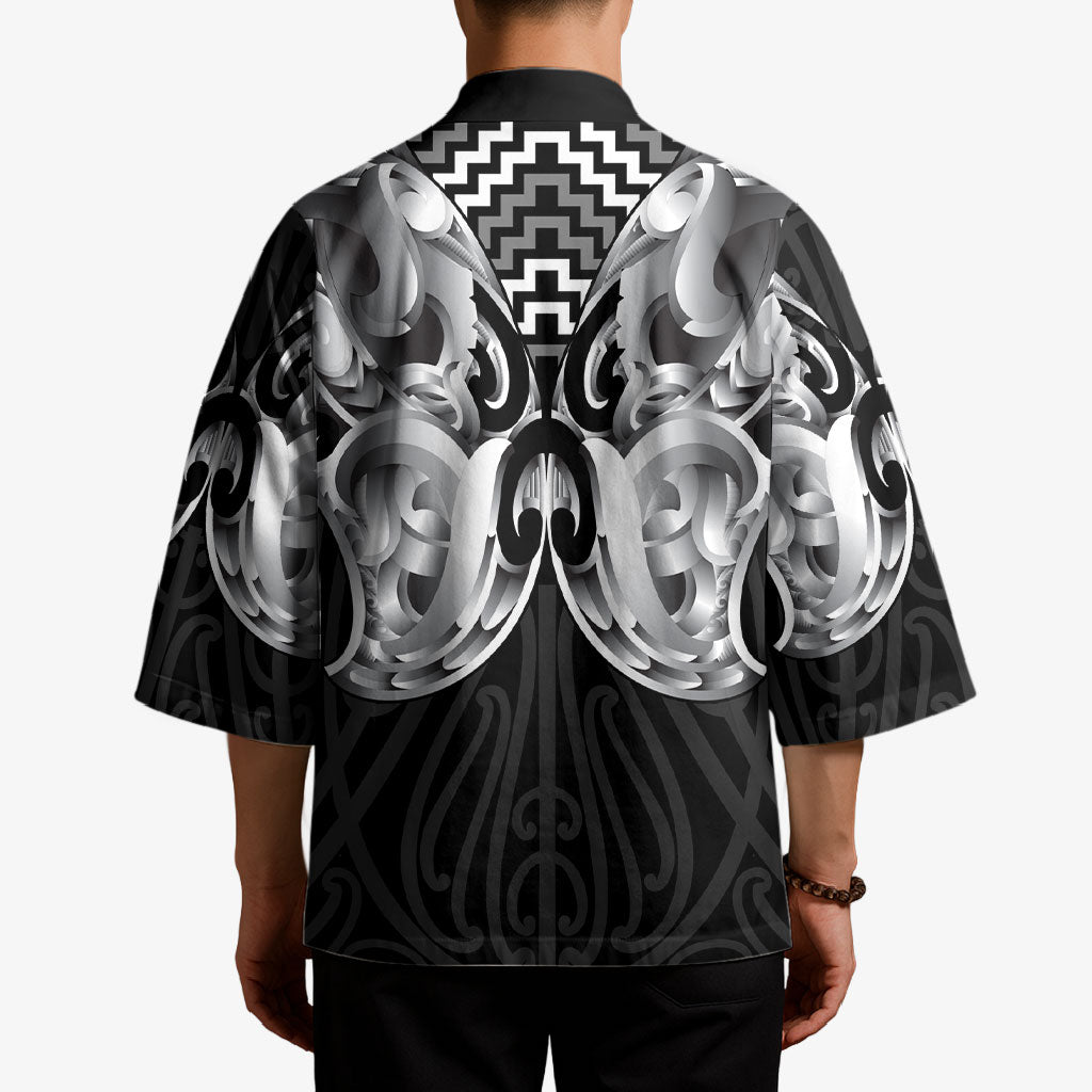 Aotearoa Kowhaiwhai Poutama Black Motif Kimono LT9 - Polynesian Pride