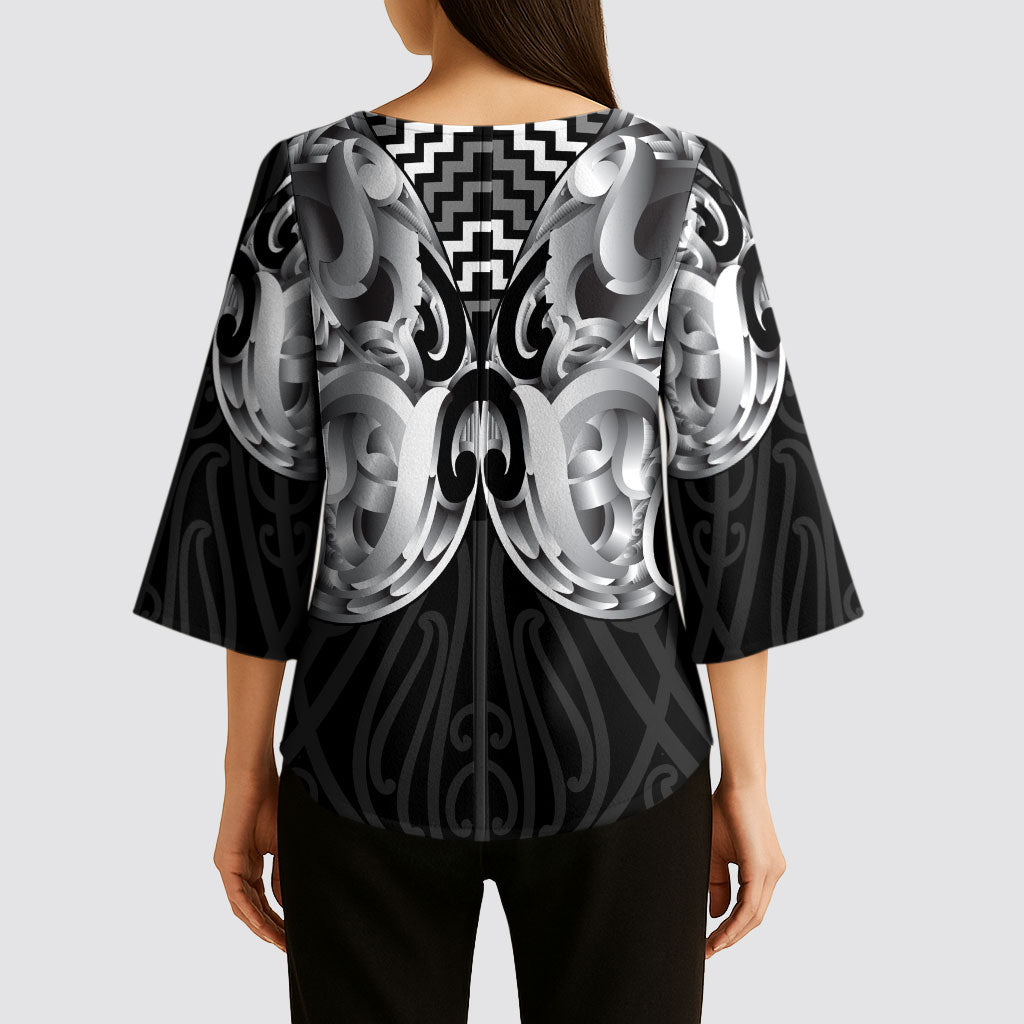 Aotearoa Kowhaiwhai Poutama Black Motif Kimono Sleeve Blouse LT9 - Polynesian Pride