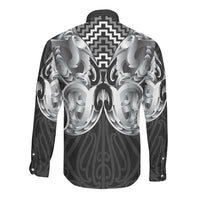 Aotearoa Kowhaiwhai Poutama Black Motif Long Sleeve Button Shirt LT9 - Polynesian Pride