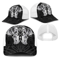 Aotearoa Kowhaiwhai Poutama Black Motif Mesh Trucker Cap
