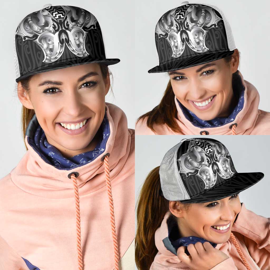 Aotearoa Kowhaiwhai Poutama Black Motif Mesh Trucker Cap