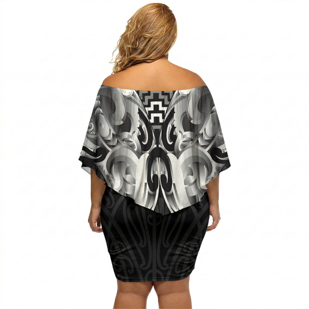 Aotearoa Kowhaiwhai Poutama Black Motif Off Shoulder Short Dress LT9 - Polynesian Pride