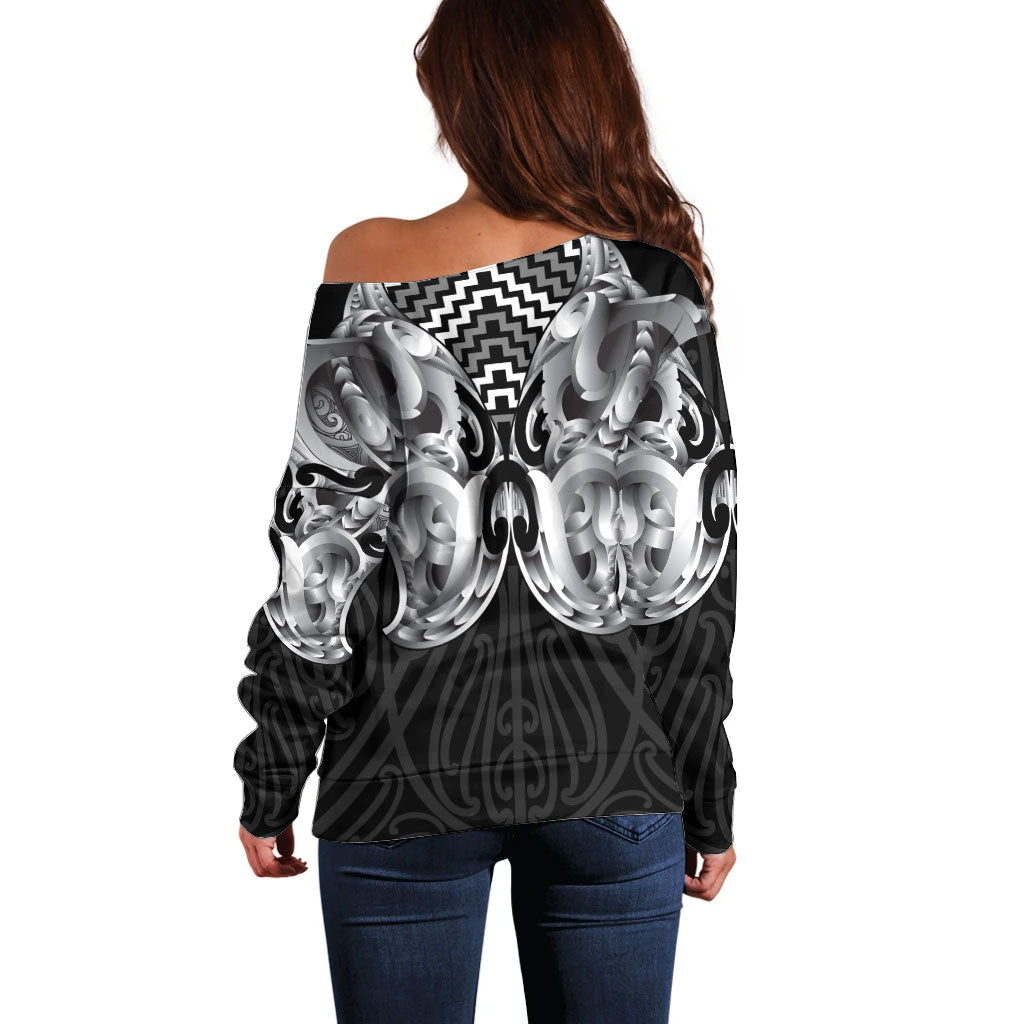 Aotearoa Kowhaiwhai Poutama Black Motif Off Shoulder Sweater LT9 - Polynesian Pride
