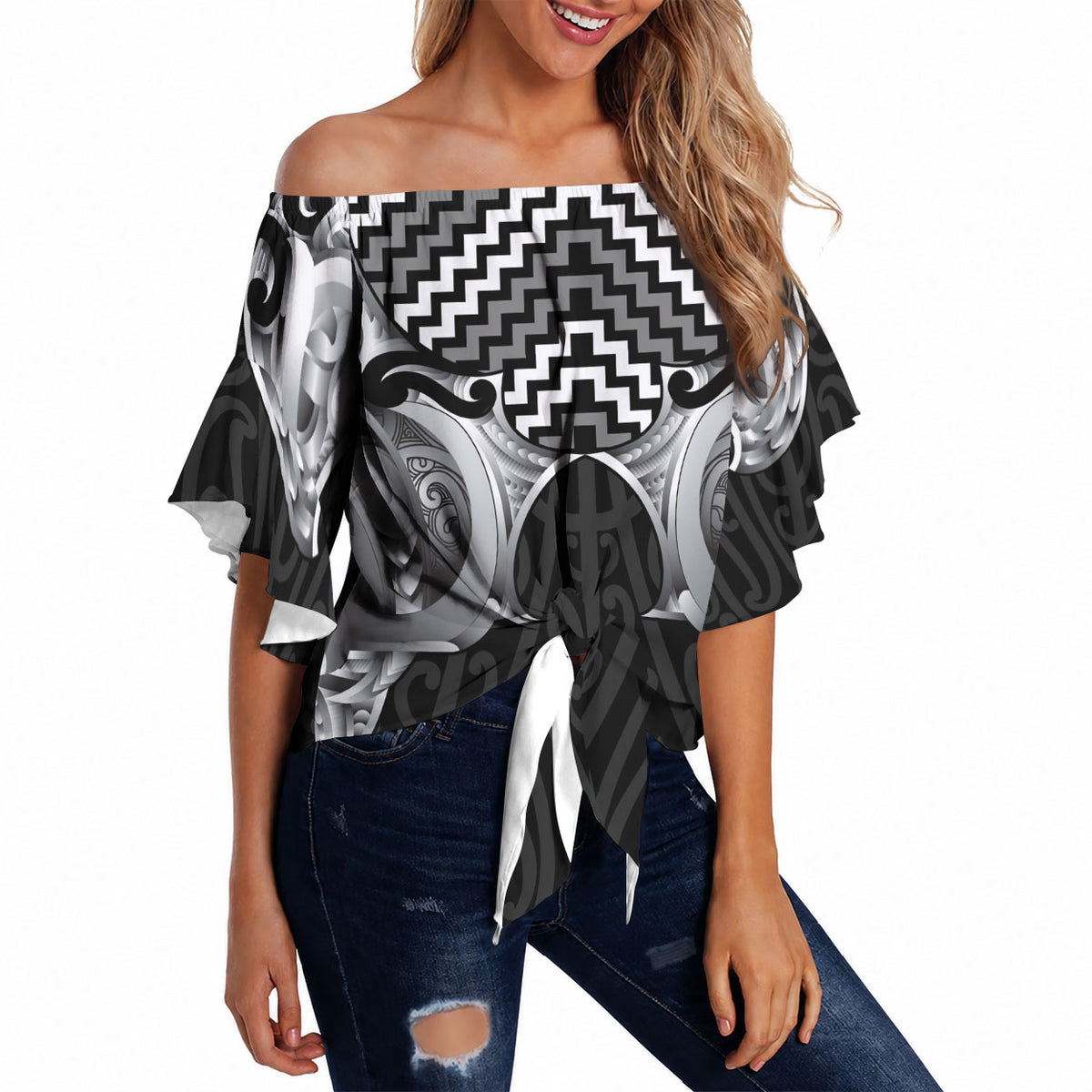 Aotearoa Kowhaiwhai Poutama Black Motif Off Shoulder Wrap Waist Top LT9 Black - Polynesian Pride