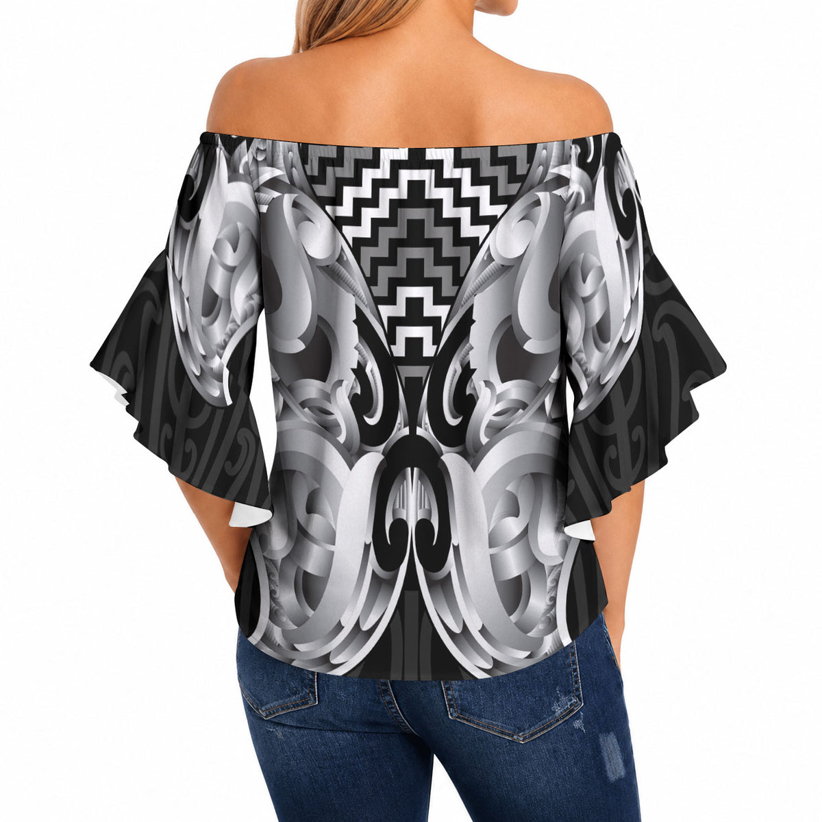 Aotearoa Kowhaiwhai Poutama Black Motif Off Shoulder Wrap Waist Top LT9 - Polynesian Pride