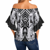 Aotearoa Kowhaiwhai Poutama Black Motif Off Shoulder Wrap Waist Top LT9 - Polynesian Pride