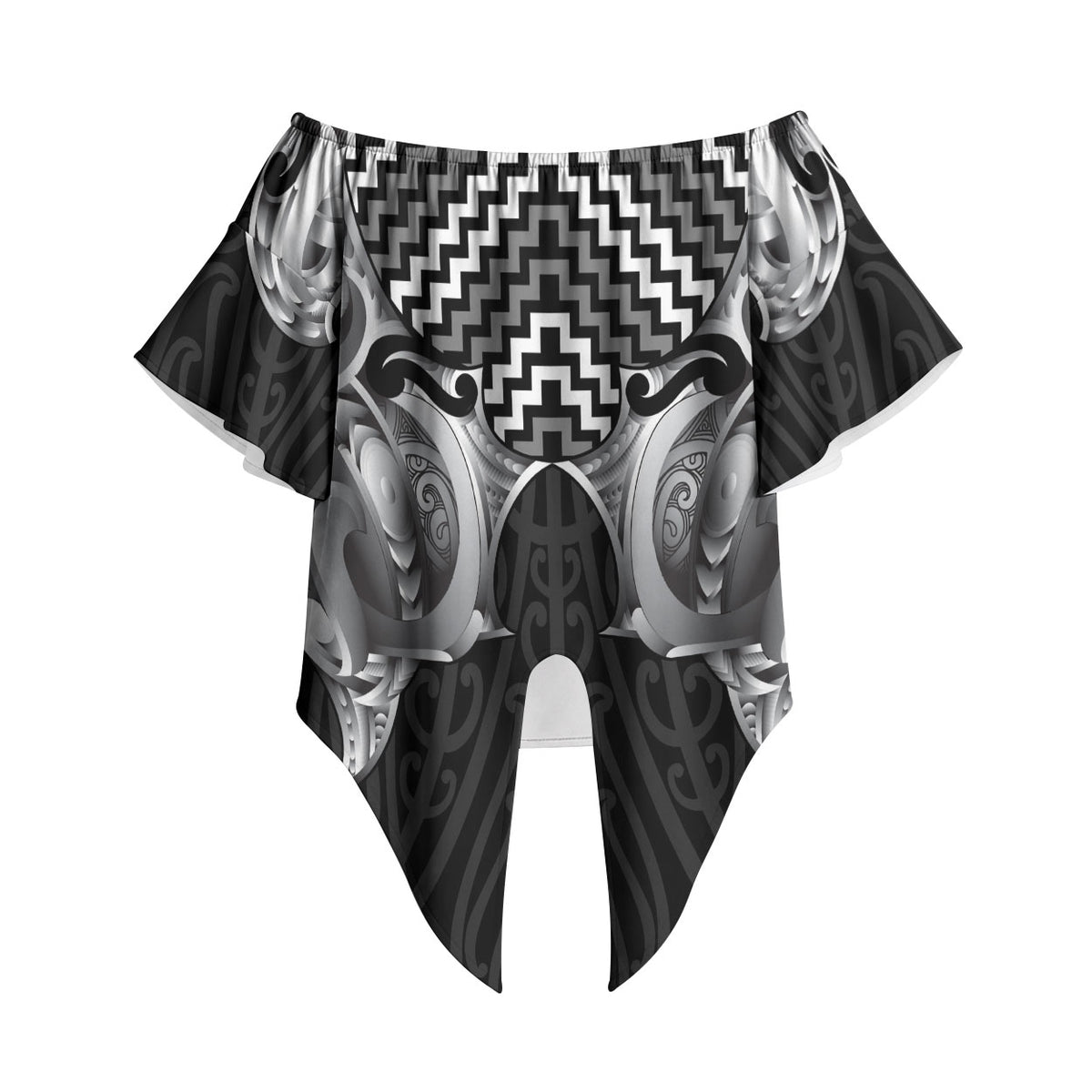Aotearoa Kowhaiwhai Poutama Black Motif Off Shoulder Wrap Waist Top LT9 - Polynesian Pride