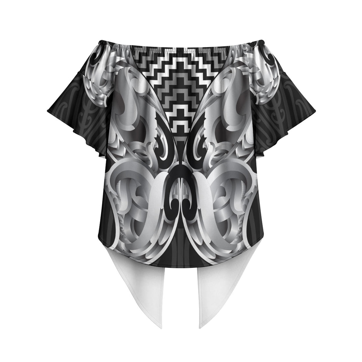 Aotearoa Kowhaiwhai Poutama Black Motif Off Shoulder Wrap Waist Top LT9 - Polynesian Pride