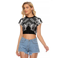 Aotearoa Kowhaiwhai Poutama Black Motif Raglan Cropped T Shirt LT9 Female Black - Polynesian Pride