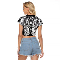 Aotearoa Kowhaiwhai Poutama Black Motif Raglan Cropped T Shirt LT9 - Polynesian Pride